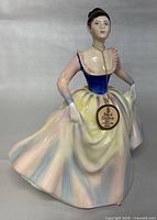 Front view of a Royal Doulton figurine titled ‘Lisa’ in pastel colors with blue bodice and flowing skirt. Figurine holds dress with both hands and wears chain necklace with tag.