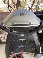 Front view of the Weber Q series grill on cart with wheels and lower panel