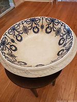 Top angled view of the large vintage ceramic basin showing interior blue floral design and exterior white color with raised floral pattern on rim.