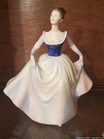 Front view of Royal Doulton 'Lisa' figurine showing the lady in a blue bodice with a white dress, holding the skirt.