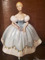 Front and side views of the Royal Doulton porcelain figurine showing the light blue dress with yellow floral pattern and a hand-held painted fan.