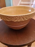 Close-up side view of the bowl showing embossed design and decorated band around midsection, rim with textured pattern.