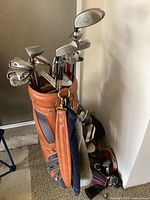Full view of leather bag with clubs and covers