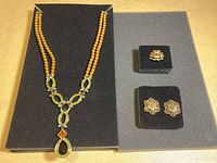 Full set of Heidi Daus jewelry including necklace, earrings, and ring displayed on black padded holder.