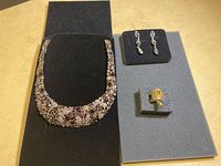 Full view of the Heidi Daus jewelry set on black display boards showing necklace, earrings, and turtle ring.