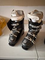 Pair of black women’s ski boots with beige upper straps and silver buckles shown from front.