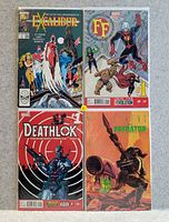 Top-down photo of four Marvel comics laid out in a grid on a neutral background, showing the front cover art of Excalibur #9, Fantastic Four #1 Join the Revolution, Deathlok #1, and Classic The Predator comics.
