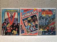 Photo showing the three vintage DC Comics. From left to right: 'V' 1st Star Spanning Issue, 'New Talent Showcase', and 'The New Teen Titans'. Each comic is individually bagged.