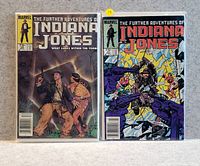 Two Indiana Jones Marvel comic books lying side by side on a white surface, protected in plastic covers, showing front covers in good used condition.