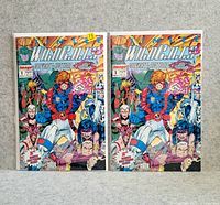 Photo of two WILDCAT comics, both Issue #1 from August, standing upright side by side showing front cover artwork and title.