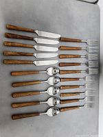 Wood-handled stainless steel utensils laid out in rows showing knives, forks and spoons on grey background