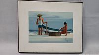 Painting of man and child with fishing net and boat on beach, showing full painting and signature.