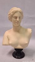 Front view of cream-colored Venus de Milo bust reproduction showing detailed facial features, hair styling, upper chest and shoulders, on a black base.