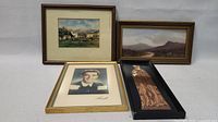 Photo showing all four framed artwork items together - two landscapes, one portrait, one Countess of Warwick art.