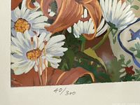 Close-up of print numbering 40/300 in pencil on lower margin with floral artwork background