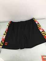Front view of black athletic shorts with multicolored Maryland flag print panels on sides and Route ONE logo on lower left leg.