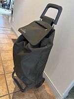 Photo of Rolser shopping cart showing full item with black fabric bag and sturdy metal frame leaning against a wall indoors.