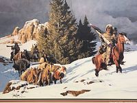 Close-up of the signed print showing Native Americans on horseback in a snowy mountainous landscape with signature and edition number visible.
