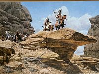 Close-up detail of the print showing Native Americans on horseback atop rocky ledge