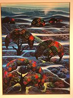 Full view of the framed serigraph 'Garden of Dreams' by Eyvind Earle featuring colorful stylized trees and misty landscape.