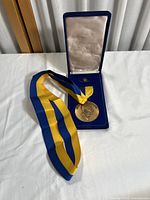 Full view of Paul Harris Fellow medal with blue and yellow ribbon inside an open blue velvet presentation case.