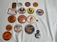 Full layout of 18 vintage buttons and patches on white surface, showing Disney and Bay Area sports themes.