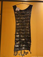 Full view of black hanging organizer shaped like a dress holding many pieces of assorted jewelry visible through clear pockets