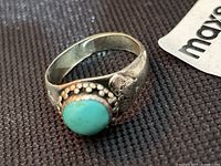 Front angled view of the silver antique ring showing turquoise stone and decorative silver beadwork around the stone.