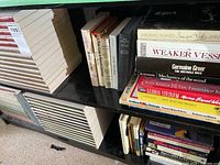 Photo showing shelf with assorted hard cover reference books including psychology and cultural studies titles.