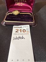 Vintage Bulova ladies gold plated watch in its original Bulova Fifth Avenue New York presentation box, showing overall presentation and storage container.