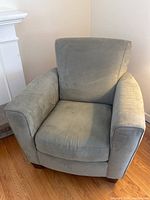 Front view of the sage green plush armchair showing padded back, cushioned seat, and wide armrests.