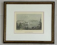 Framed full view of the W H Bartlett print showing port and harbor scene with gold frame and double matting.
