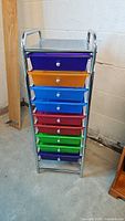 Front view of 10 drawer colorful organizer with metal frame and round knobs.