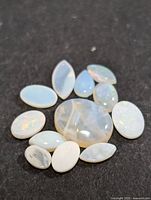 Top-down view showing all 13 individual genuine opal cabochon gemstones arranged on black background.