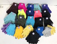 Photo showing 20 pairs of knitted winter gloves in various solid colors including shades of blue, yellow, pink, purple, black, gray, and neon colors, arranged in four rows on a flat surface.