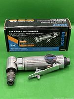 Front side of the Bolton Pro 1/4 inch air angle grinder alongside its original box showing product name, size, RPM rating and features.
