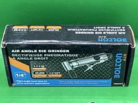 Box of Bolton Pro Air Angle Die Grinder showing specifications and features like 1/4 inch size and 20,000 RPM.