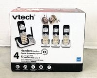 Product box showing image of VTech 4 handset cordless phone system with digital answering system and extended range, model CS5229-4.