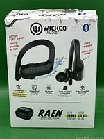 Front of packaging showing earphones, brand, key features like active flex grip, waterproof, power bank charging, EQ modes, voice assistant compatibility, and rapid charging.