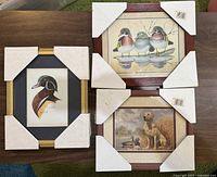 Top-down photo showing all three framed prints together on a surface. Prints include one with a dog and ducks, one with three ducks on a branch, and one portrait of a single duck. Protective corner guards on frames visible.