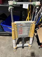 Photo showing front view of folded telescoping extension ladder with yellow locking steps and paint markings.