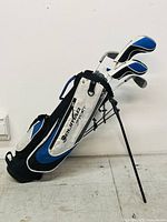 Orlimar golf bag with stand legs extended and five golf clubs visible inside