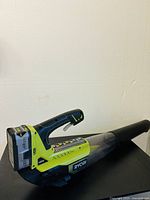 Front side view showing blower tube nozzle, handle, battery compartment, green and black housing.