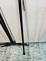 Full height view of black foldable walking stick extended and standing upright