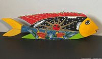 Front and side views of hand carved painted wooden fish showing vibrant folk art with sun, stars and fish motifs.