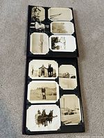 Two album pages showing 8 vintage black and white photos mounted with decorative corners; subjects include people standing outdoors, horses pulling a wagon, and rural buildings.