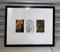 Framed print showing all three images of Our Lady of Guadalupe in one view with black frame and white mat