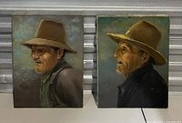 Both vintage paintings shown side by side with front and side visible, depicting two men wearing hats.