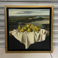 Frontal view of the vintage oil painting in a gold and black frame with visible wear.