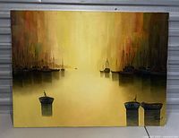 Full view of vintage canvas painting showing boats docked in harbor with yellow misty background